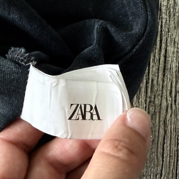 Zara Shirt Women’s Medium Dark Gray Blouse Short Sleeve V-neck Basic Oversized - Picture 6 of 7